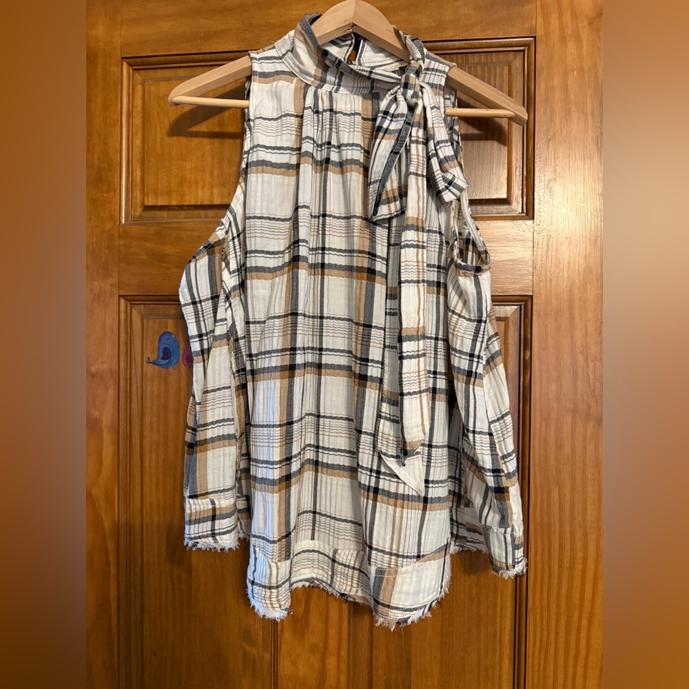 Anthropologie Plaid Cold Shoulder Blouse - White and Brown
